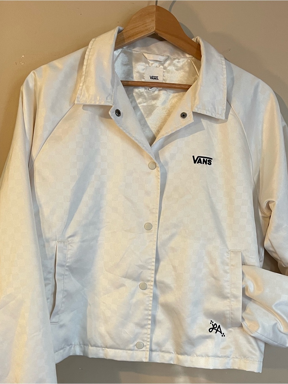 Vans x Lizzie Armanto White Satin Checkerboard Coach Jacket Sz L 22 Pit